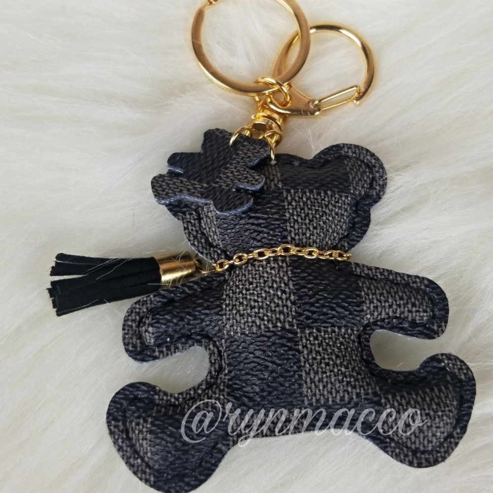 Black Gray Leather Teddy Bear Tassel Keyring - Picture 8 of 8